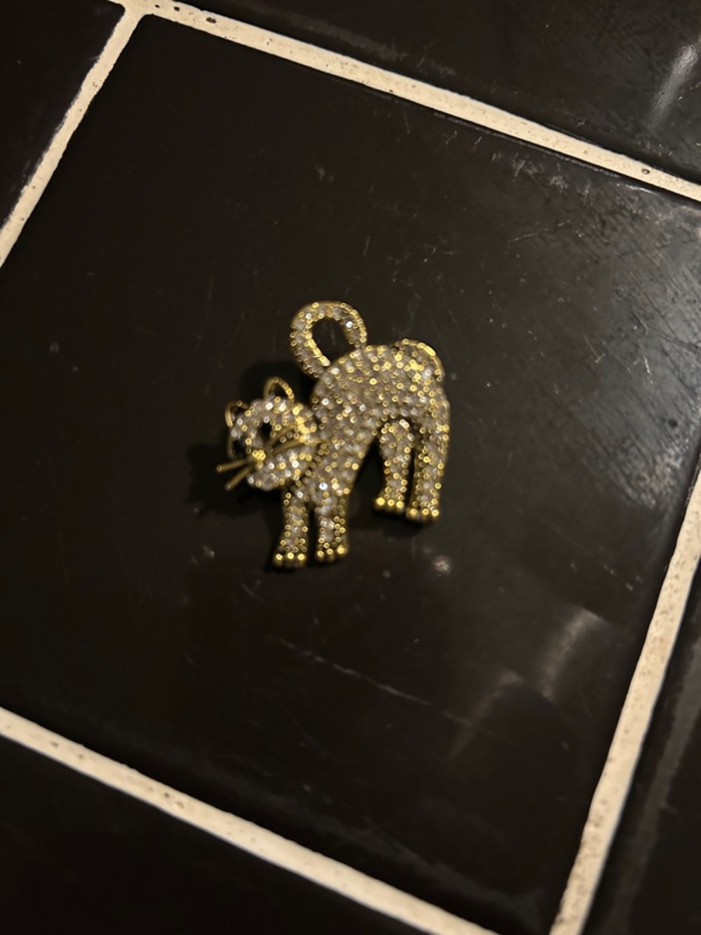 Crystal Pave Cat Pin Brooch - Gold Tone